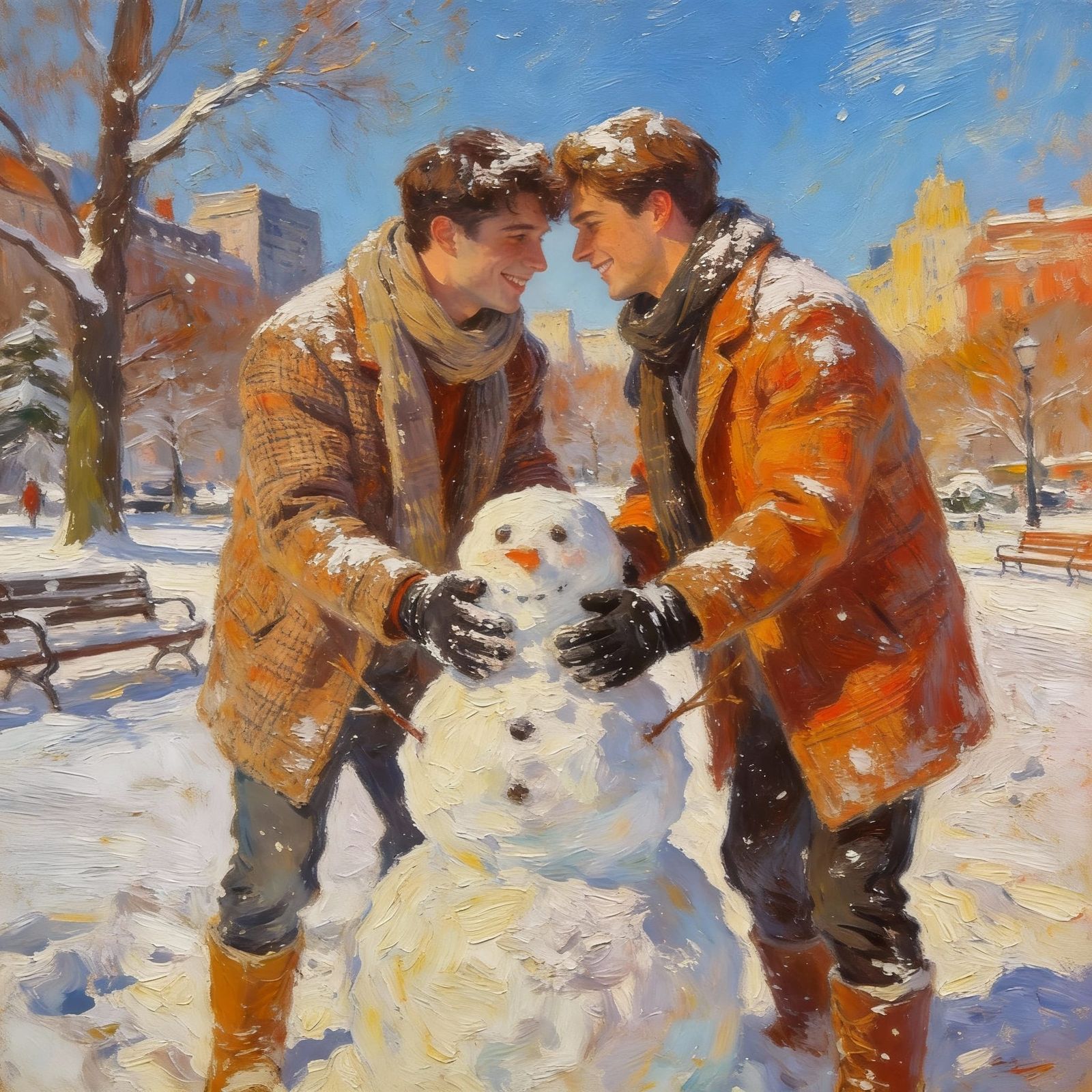 Couple Building Snowman in Winter Park