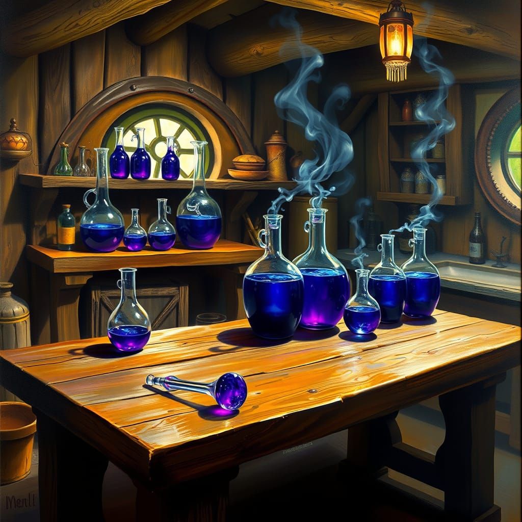 Whimsical Hobbit Kitchen with Enchanted Flasks in Magical Re...