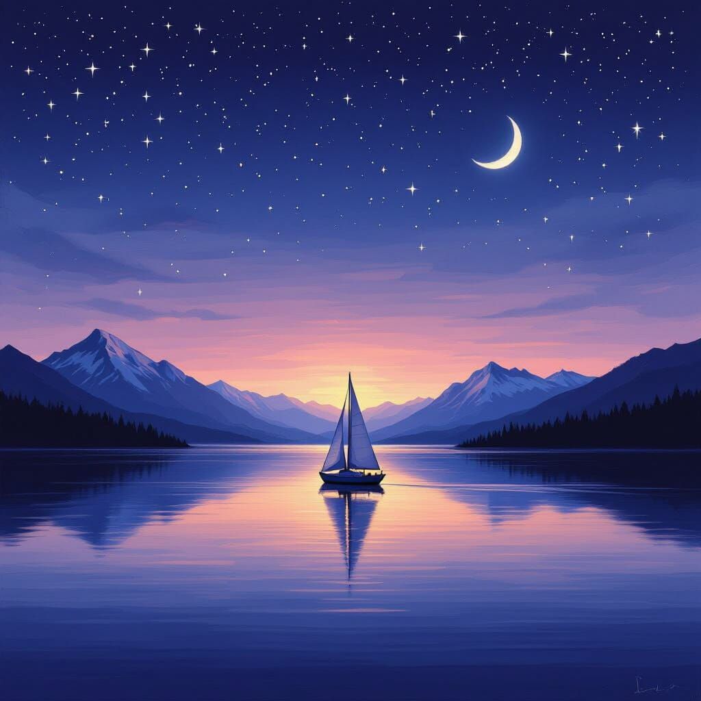 A serene landscape featuring a lone sailboat gliding across ...