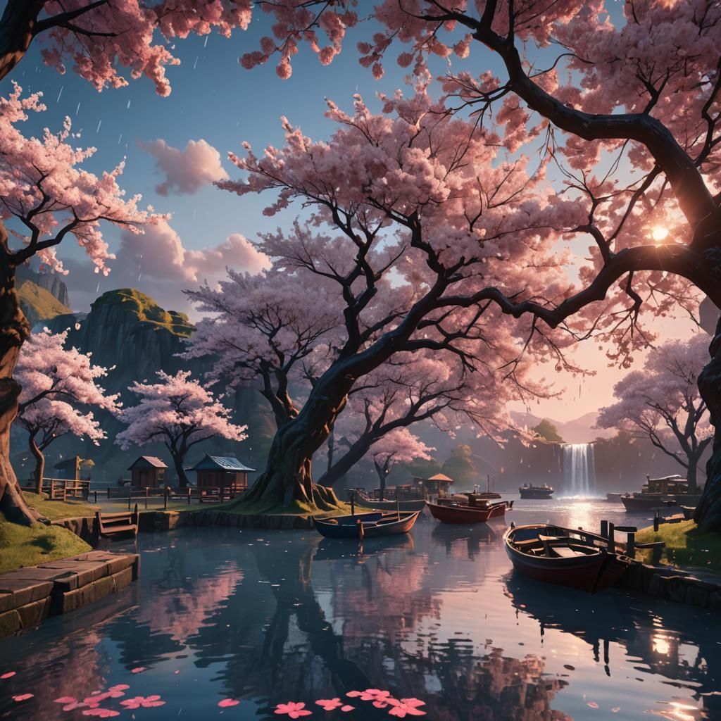 Cherry Blossom Trees, Sunset, and Waterfall