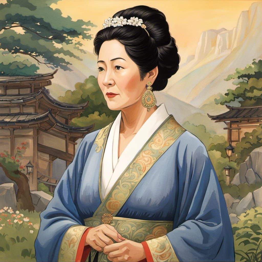 Korean Elder in Silk Kimono, Watercolor Ghibli Style