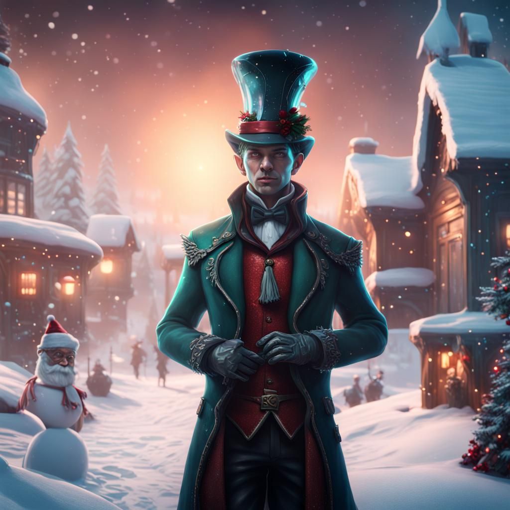 Cyberpunk Christmas Elf in Top Hat at North Pole