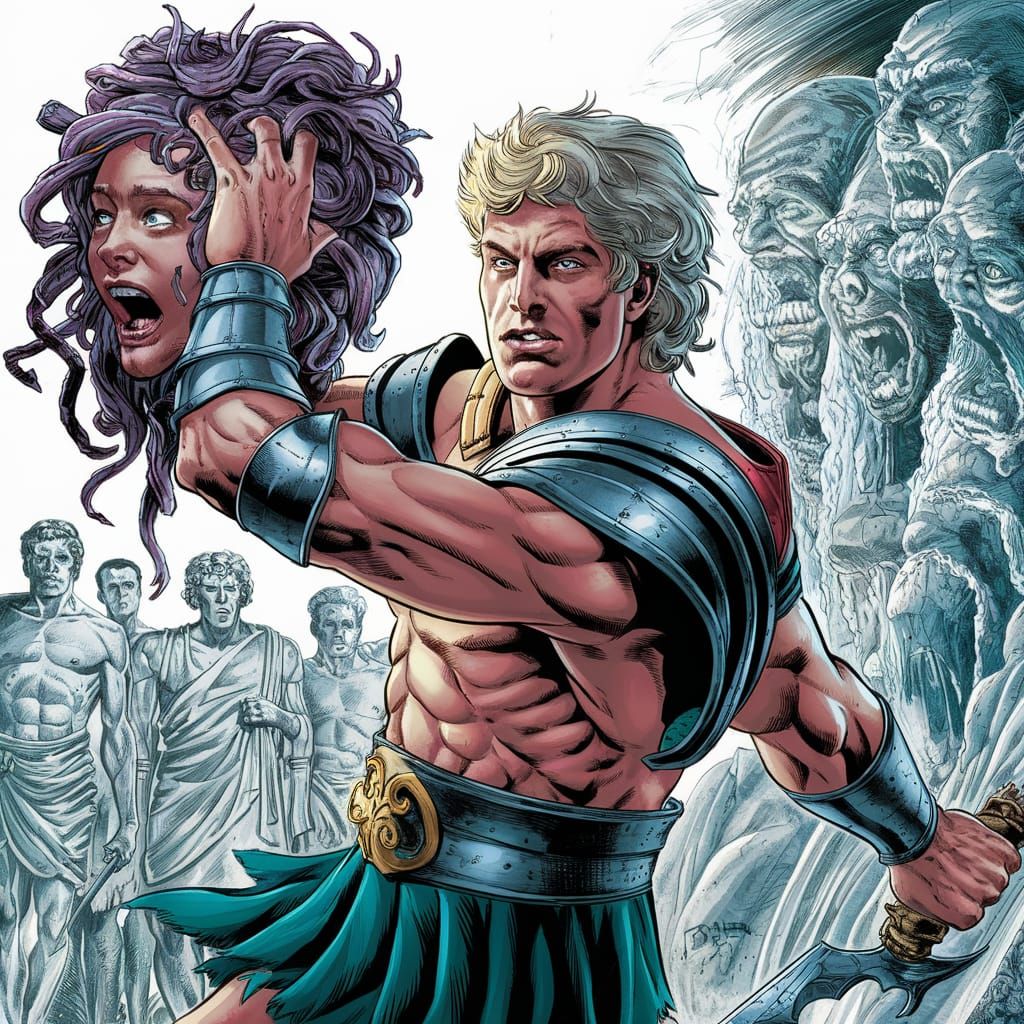 Perseus Triumphant: Medusa's Head in Comic Book Style