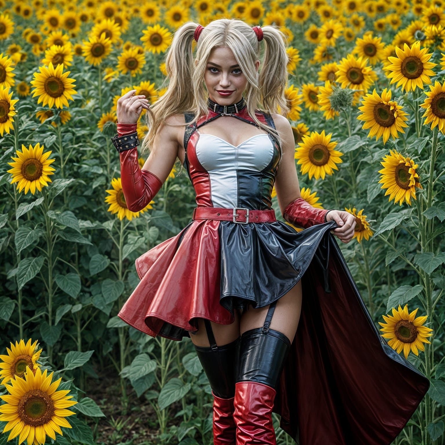 Hyperrealistic Harley Quinn in Sunflower Field