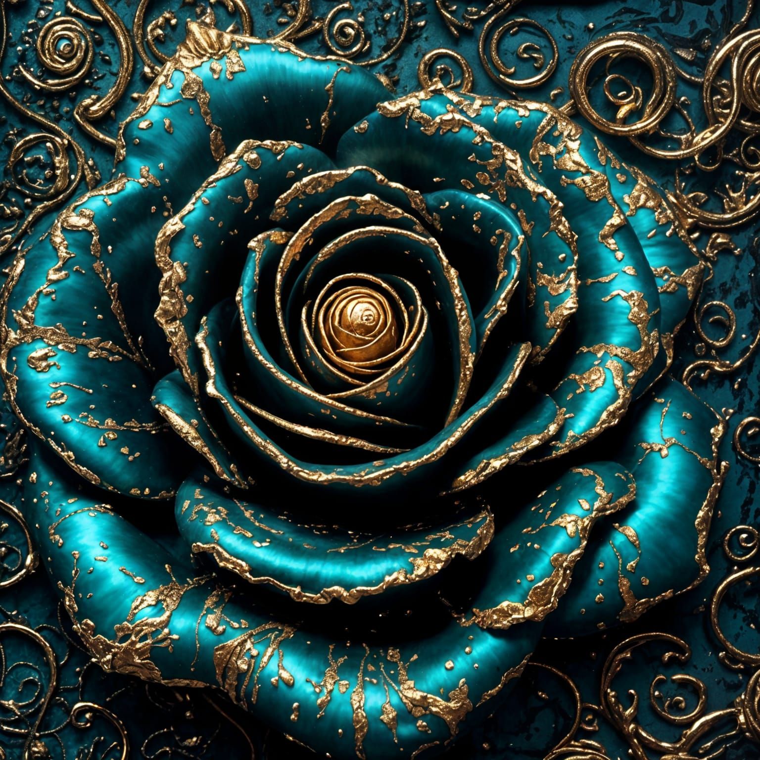 Teal and Gold Rose in 2D Pixel Art Style