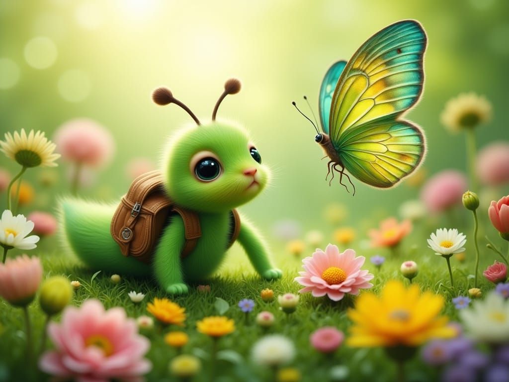 Fluffy Caterpillar and Butterfly in 3D Cartoon Style