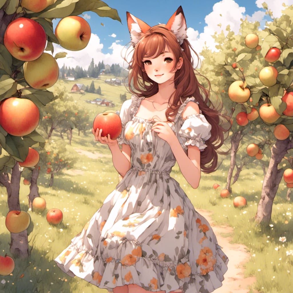 Fox-girl VIXEN wearing a sundress with sleeves, eating an apple at an orchard
