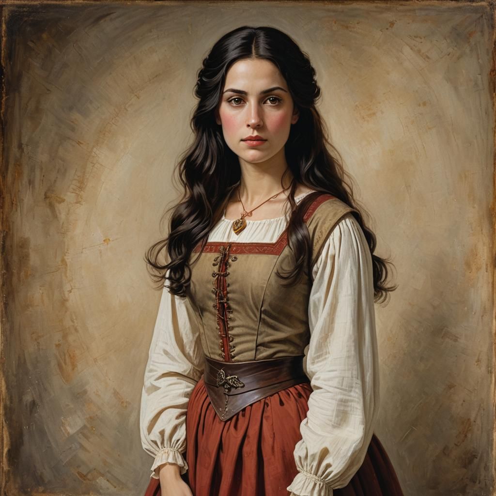 Medieval Woman with Brown Eyes and Red Skirt