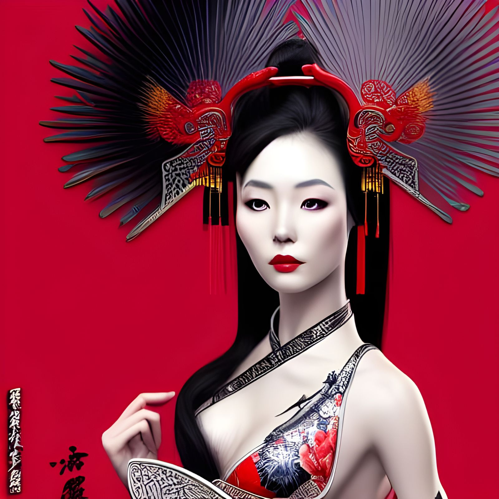 Geisha with Peacock Tail in Ornate Armour