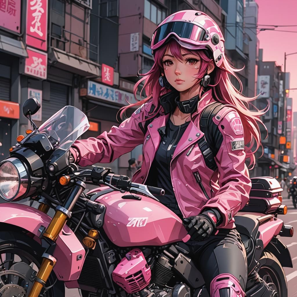 Girl on a motorcycle with pink motorcycle gear
