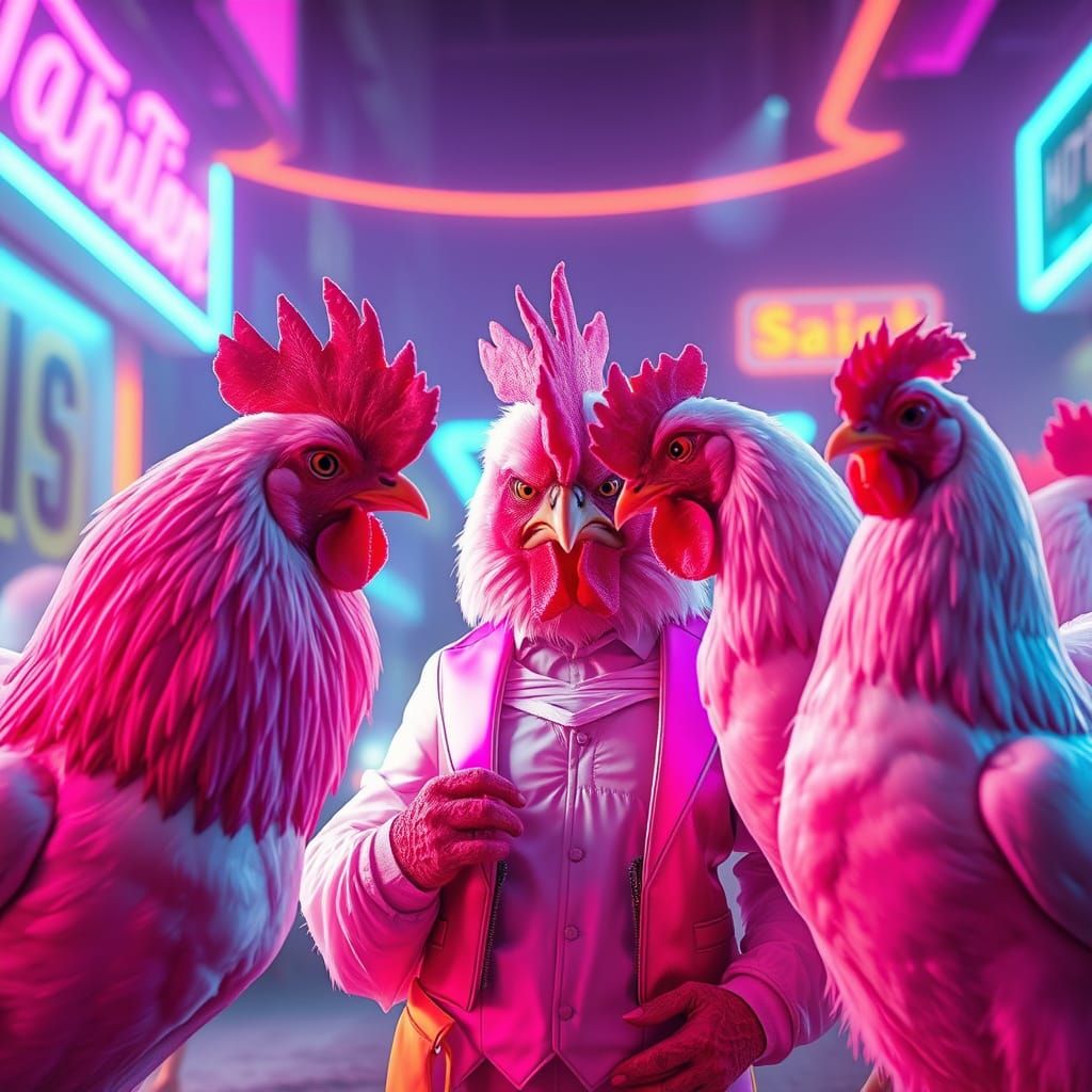 Grumpy Chick Mesmerizes Wedding Chicken in Neon Cyberpunk