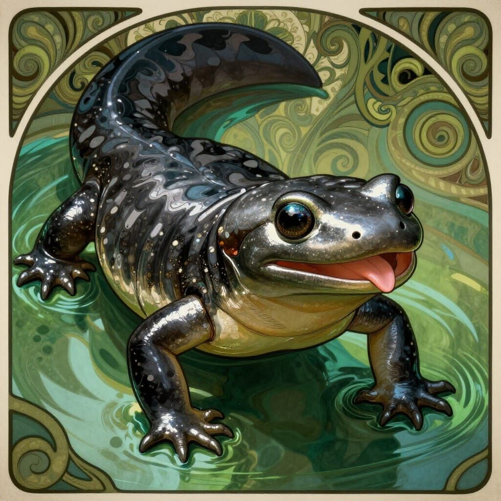 Art Nouveau Salamander in Emerald and Silver