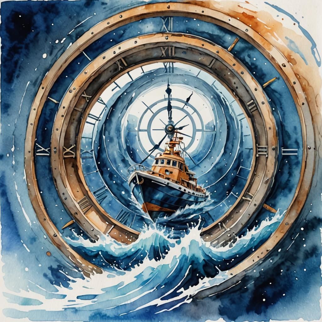 Futuristic Whirlpool Portal Swallows Boat in Watercolor