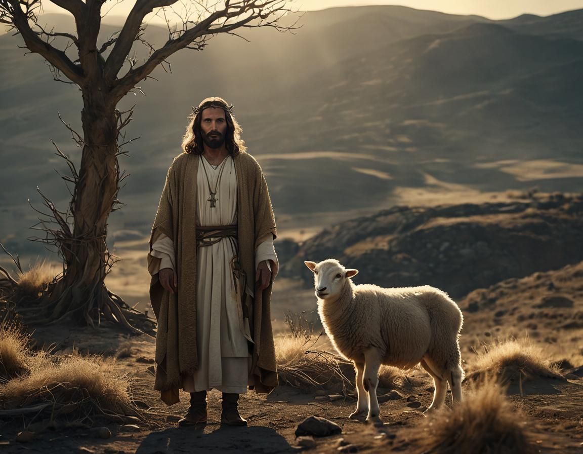 Jesus, Lamb of God, in Majestic Landscape