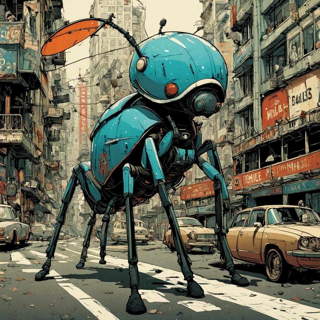 Giant Cyborg Ant in Minimalist Futuristic Cityscape