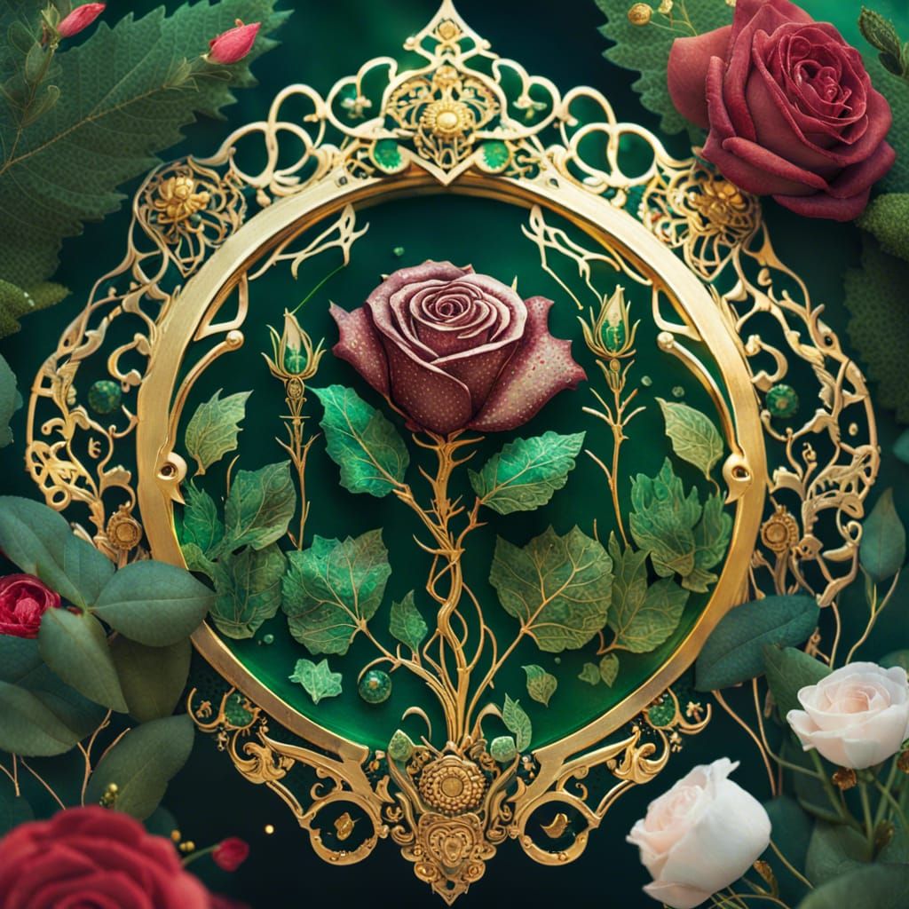 Emerald Rose with Gold Filigree in Forest Setting