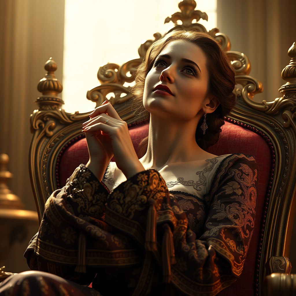 Contemplative Queen in Ornate Attire, Digital Art