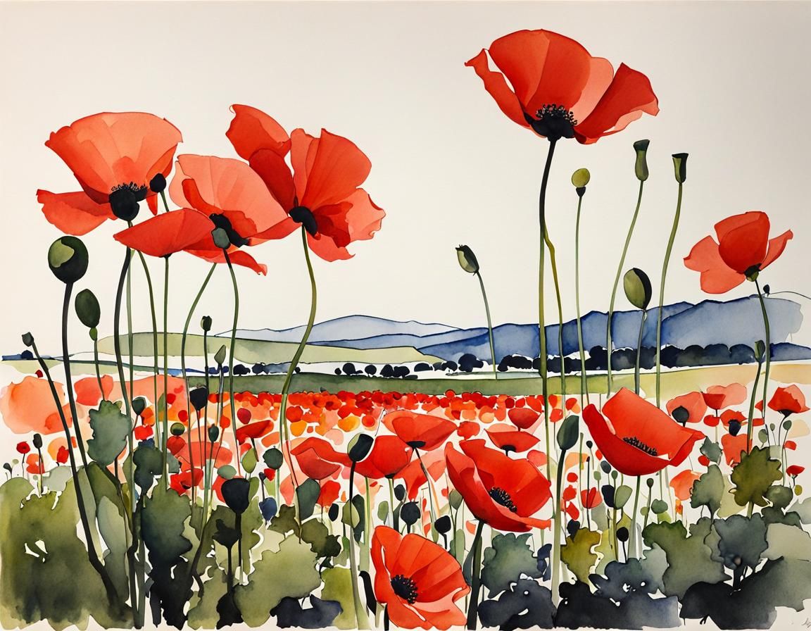 Poppy Field in Watercolor and Ink