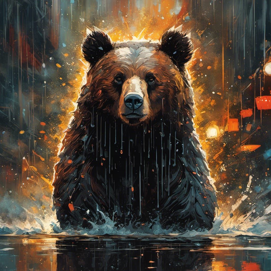 Adorable Wet Bear Cub in Stormy Jungle, Digital Art