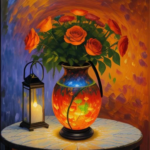 Magritte-Like Still Life with Flowers in Expressionist Style