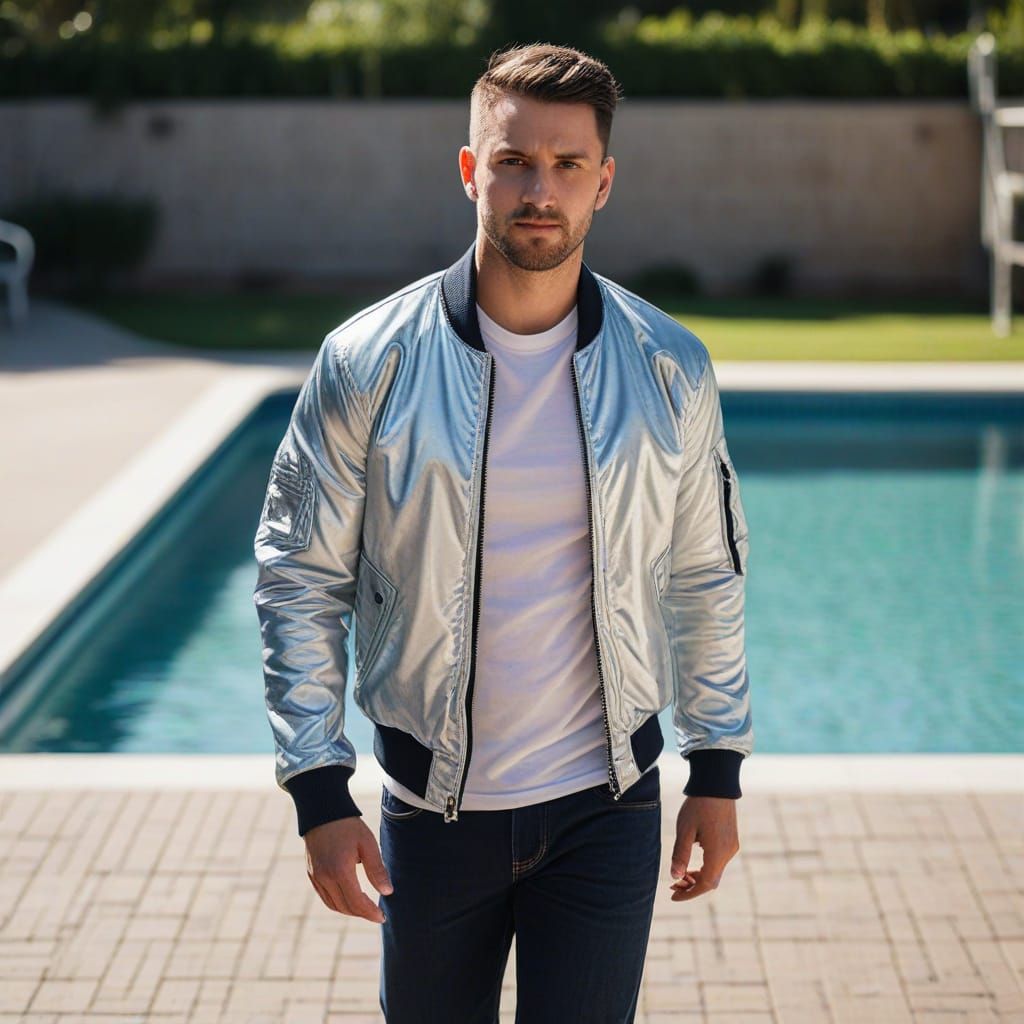 Man in Silver Jacket near Pool, Professional Photo