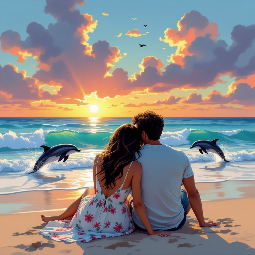 Romantic Sunset Beach Scene with Dolphins, Hyperrealistic St...