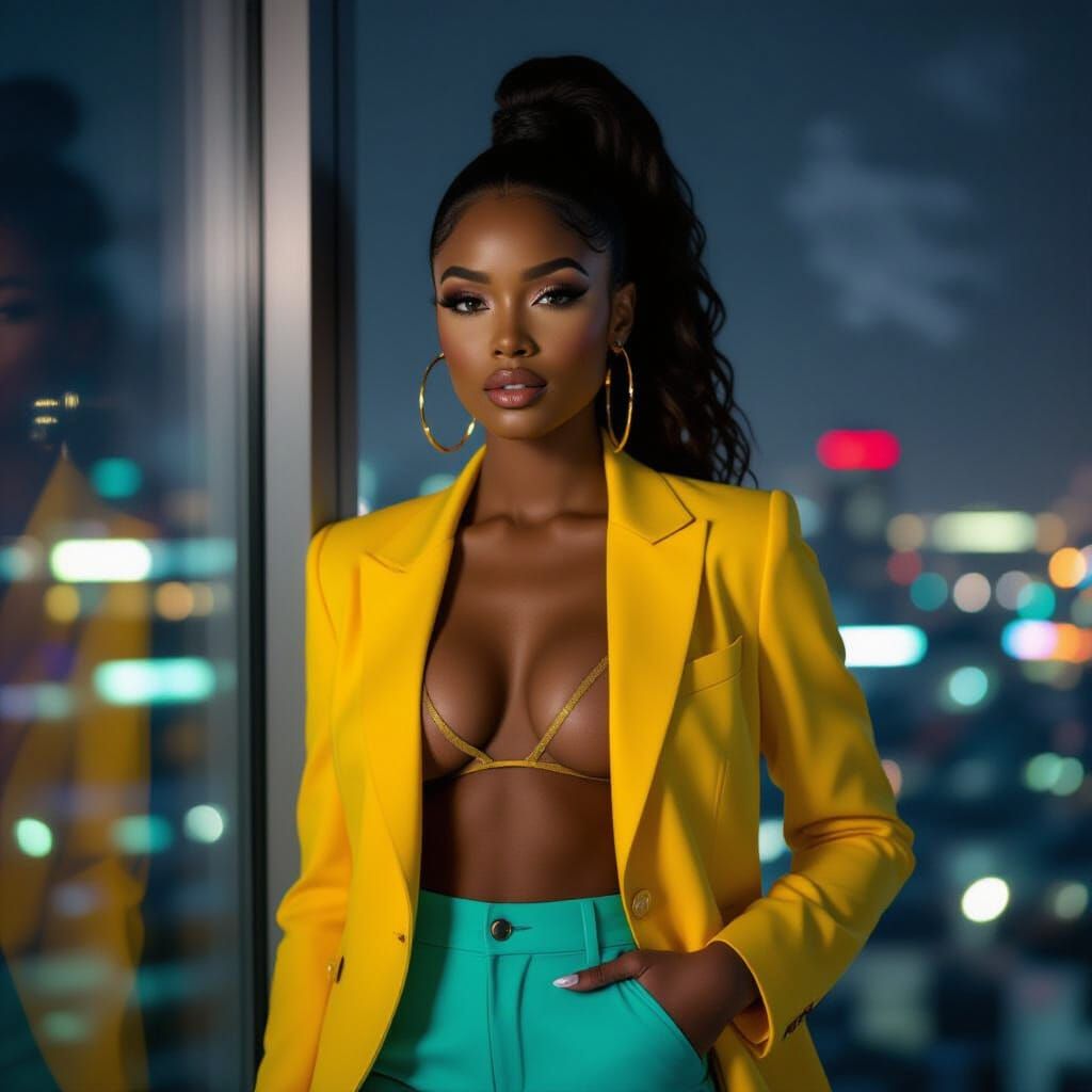 Stunning Black Woman in Fashion Blazer, City Night View