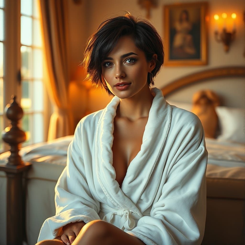 Elegant French Woman in Bedroom, Oil on Canvas Style