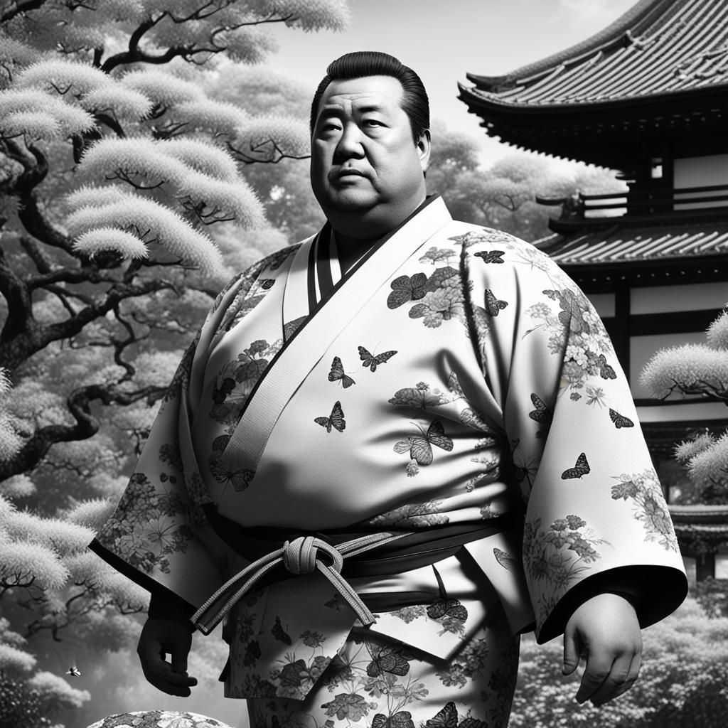 Kimono-Clad Man in Japanese Garden