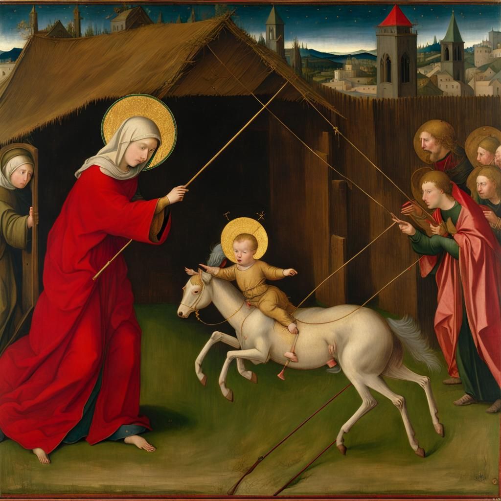 Baby Jesus Chasing Santa in Renaissance Style