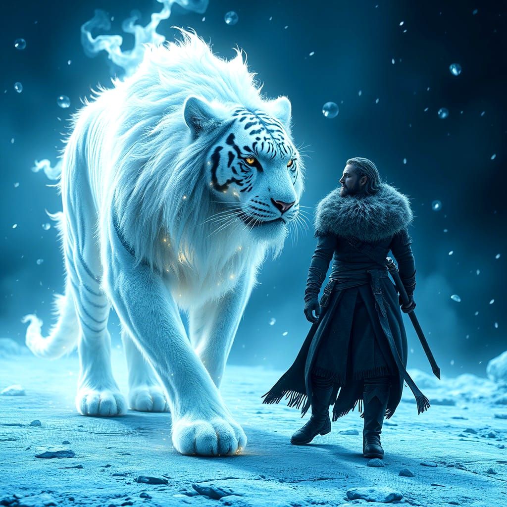 Fiery White Tiger and Warrior: A Digital Masterpiece