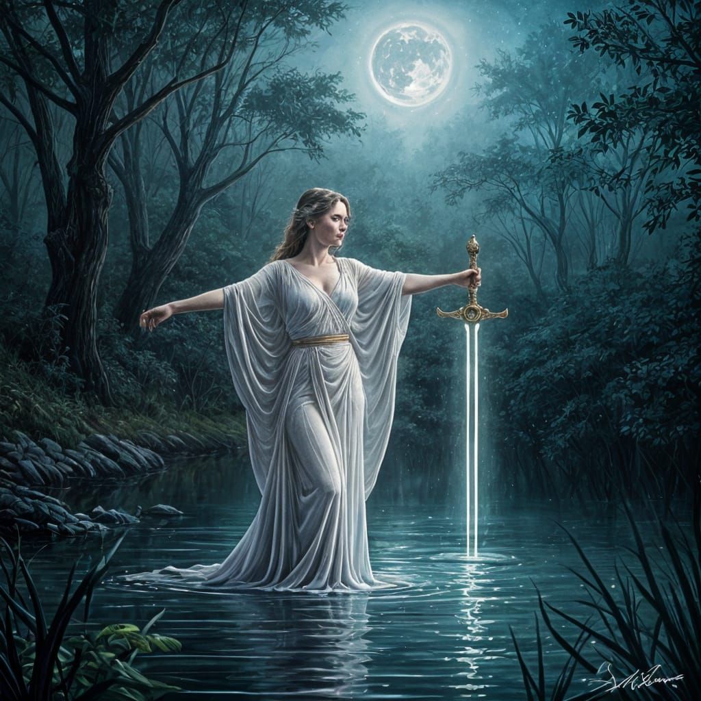 Ethereal Lady of the Lake Presents Excalibur in Moonlit Scen...