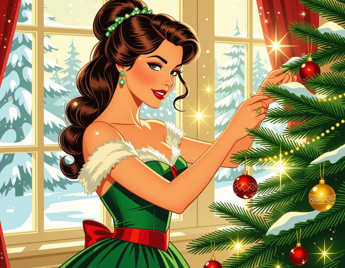 Festive Woman Decorating Christmas Tree in Cozy Room