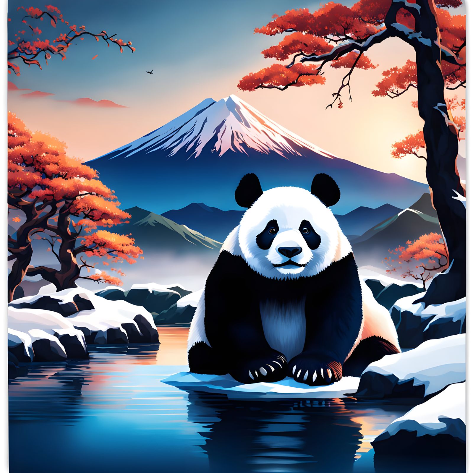 Panda Amidst Vibrant Winter Wonderland with Mount Fuji
