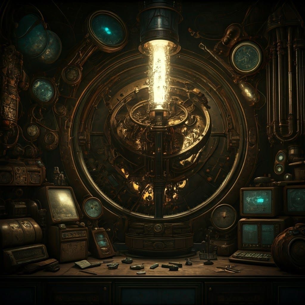 Time Traveler's Study with Rusty Gears and Futuristic Tech