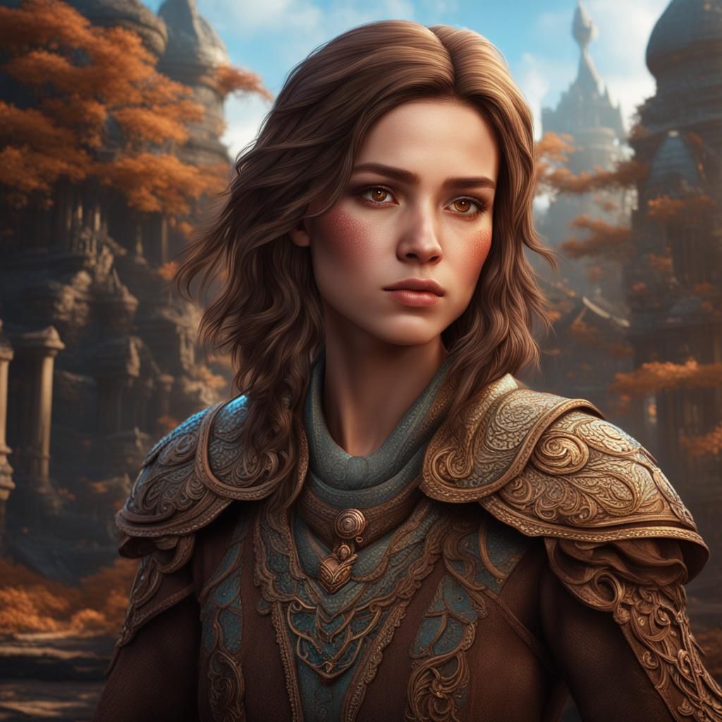 Cute Woman Portrait with Brown Hair, Digital Art