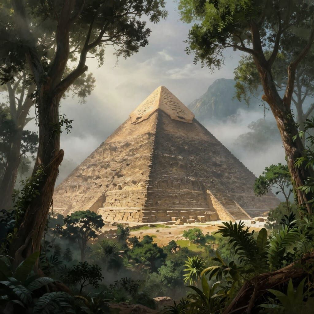 Ancient Pyramid in Misty Mountain Forest Digital Painting