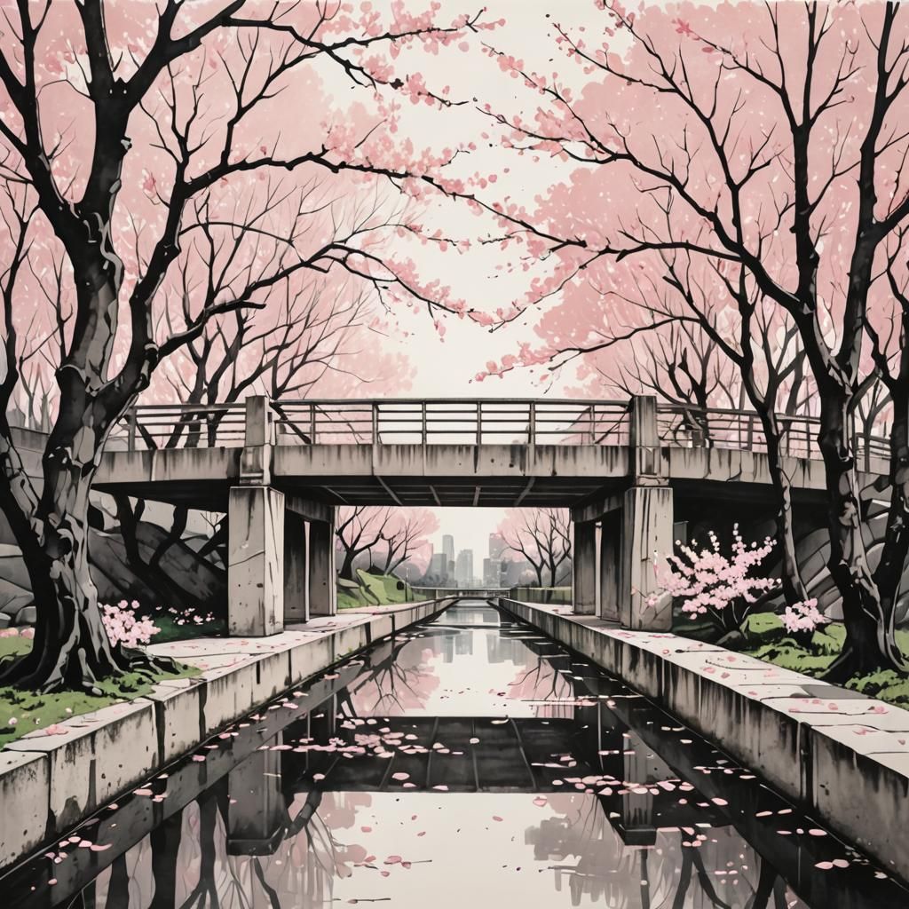 Brutalist Bridge with Cherry Blossoms in Ink