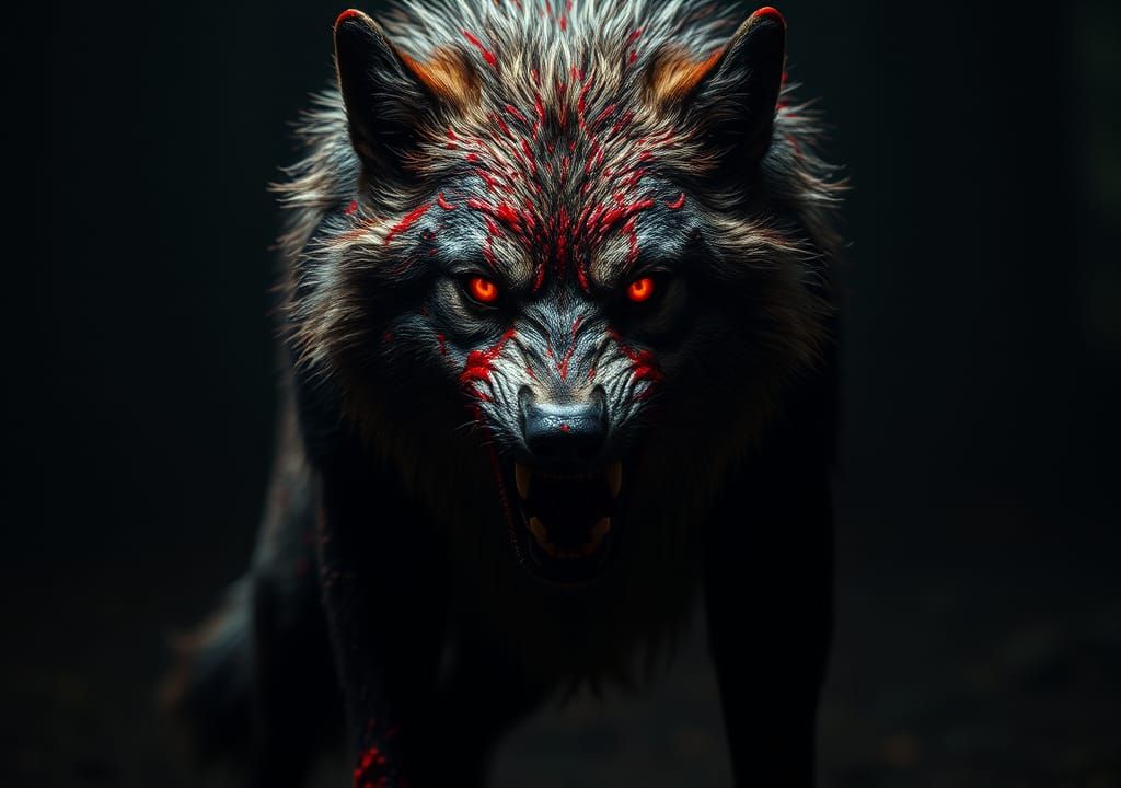 Blood Red Wolf Horror in Gustave Doré Style