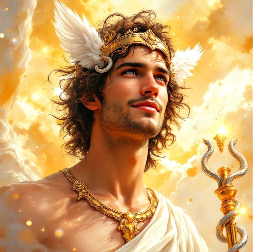 Gilded Watercolour Portrait of a Smiling Young God