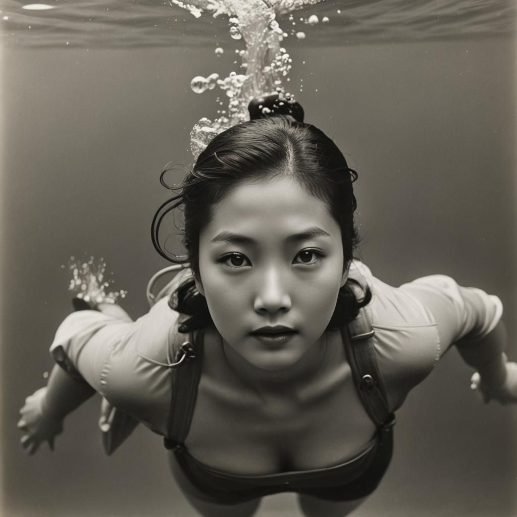 Vintage Ama Pearl Diver Underwater Portrait in Manga Style