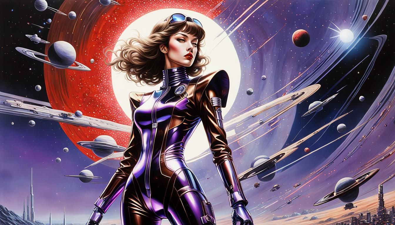 Chrome Cyberpunk Pin-Up in Retro Sci-Fi Style