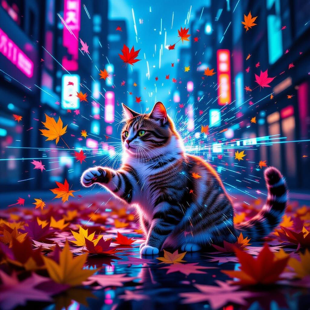 Cyberpunk Cat Fractures Digital Autumn in Neon City