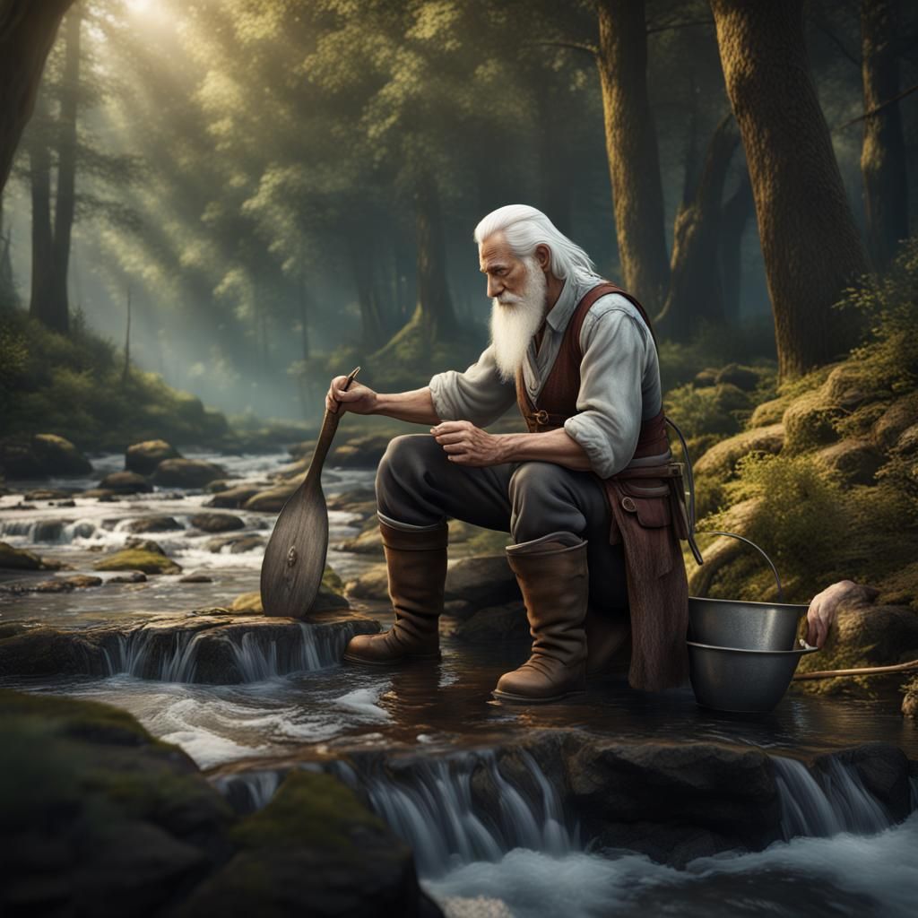 Gold Panning Old Man in Forest: Matte Painting