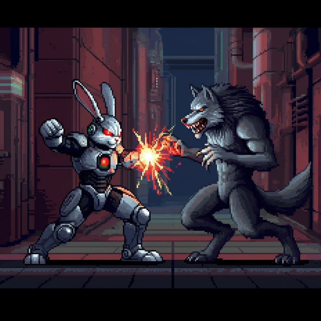 Cyborg Rabbit vs Werewolf: 16-bit Pixel Art Battle