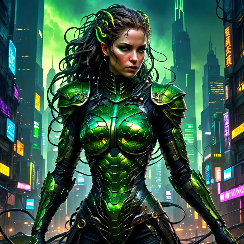 Cybernetic Supervillainess with Snake Suit, Detailed Digital...