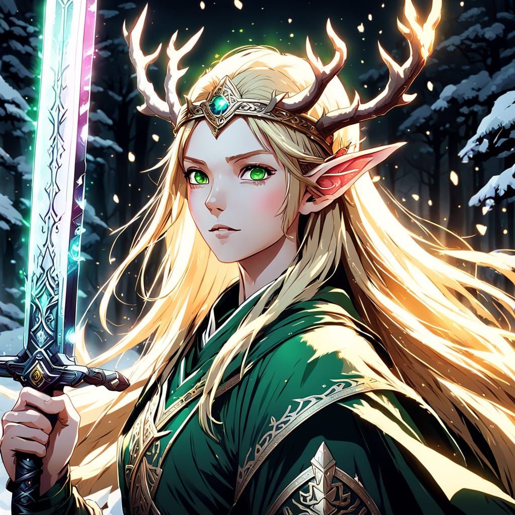Winter Wood Elf Maiden Wields Glowing Magic Sword in a Celes...