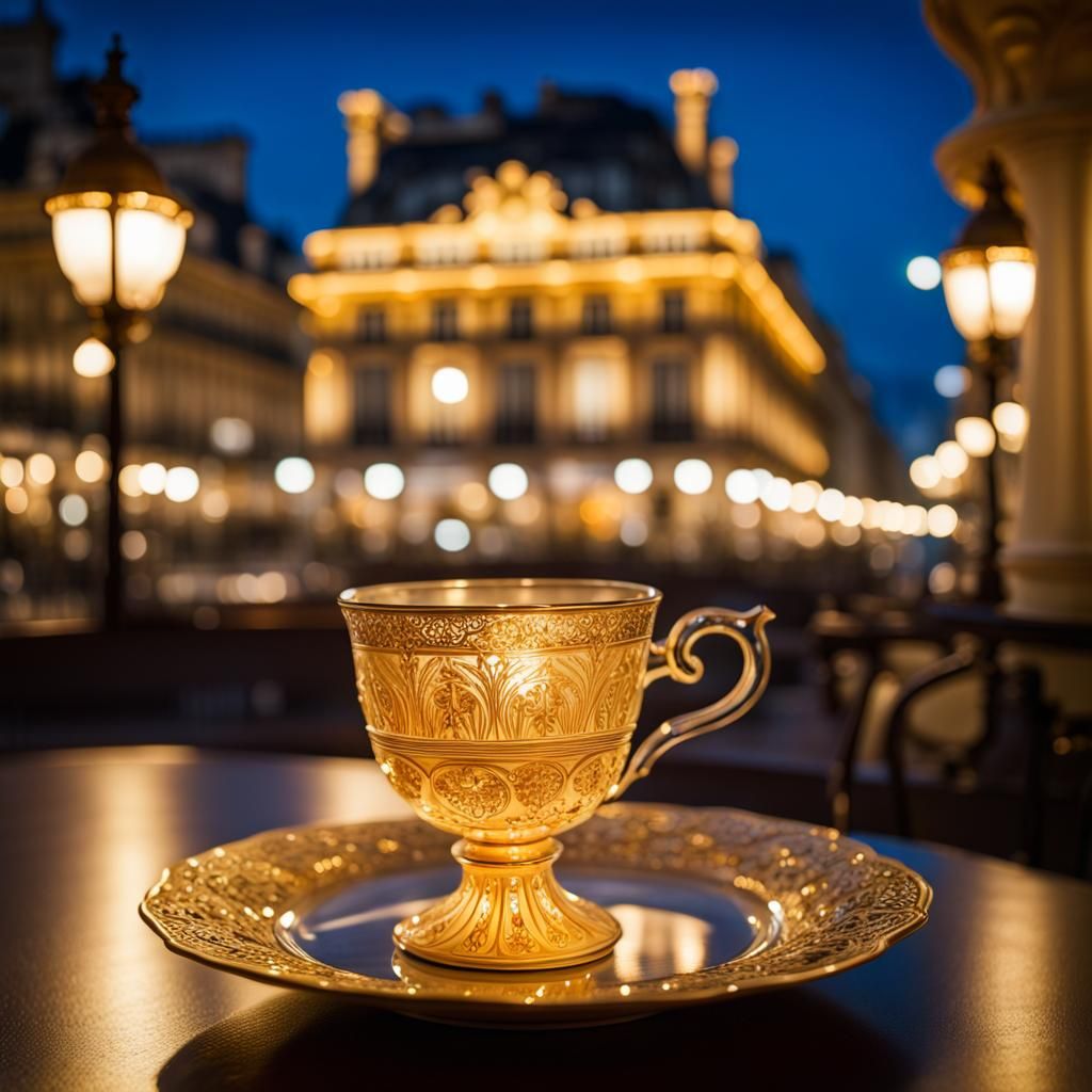 Ornate Crystal Tea Set in Parisian Cafe