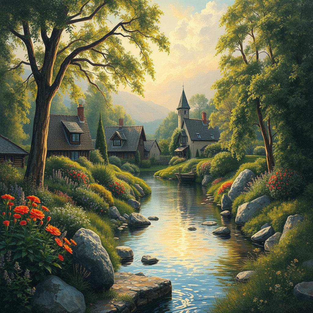 Idyllic Village Landscape in Impressionist Style