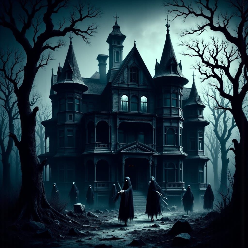 <lora:Morbid:1.0> Haunted Victorian  House  ,ghostly skeleto...